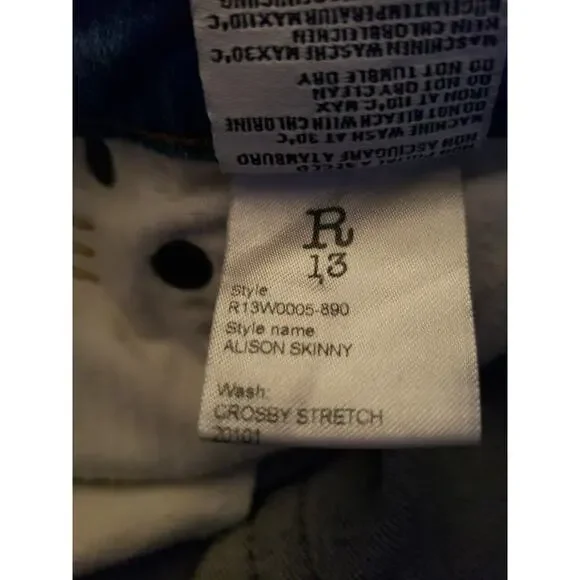 R13 Jeans Alison Skinny In Crosby Stretch Sz 25 Sioux Crispy R13W0005-890 - - Picture 4 of 14